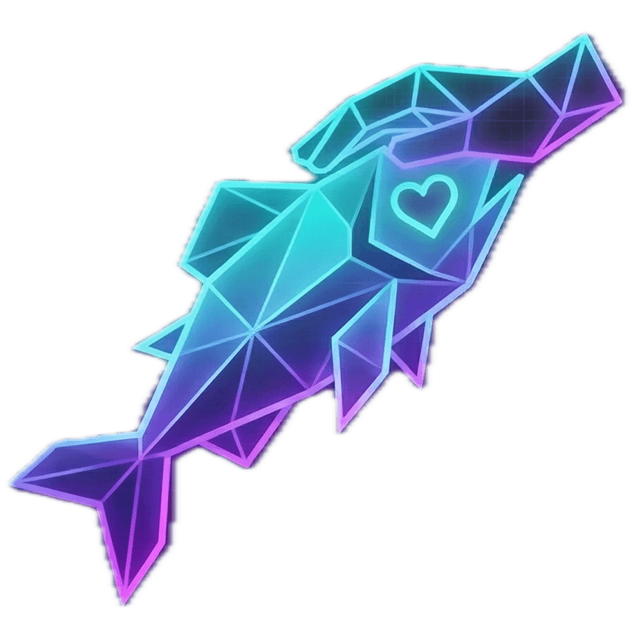 Pat Fish Studio — geometric hand and wireframe fish with heart mark